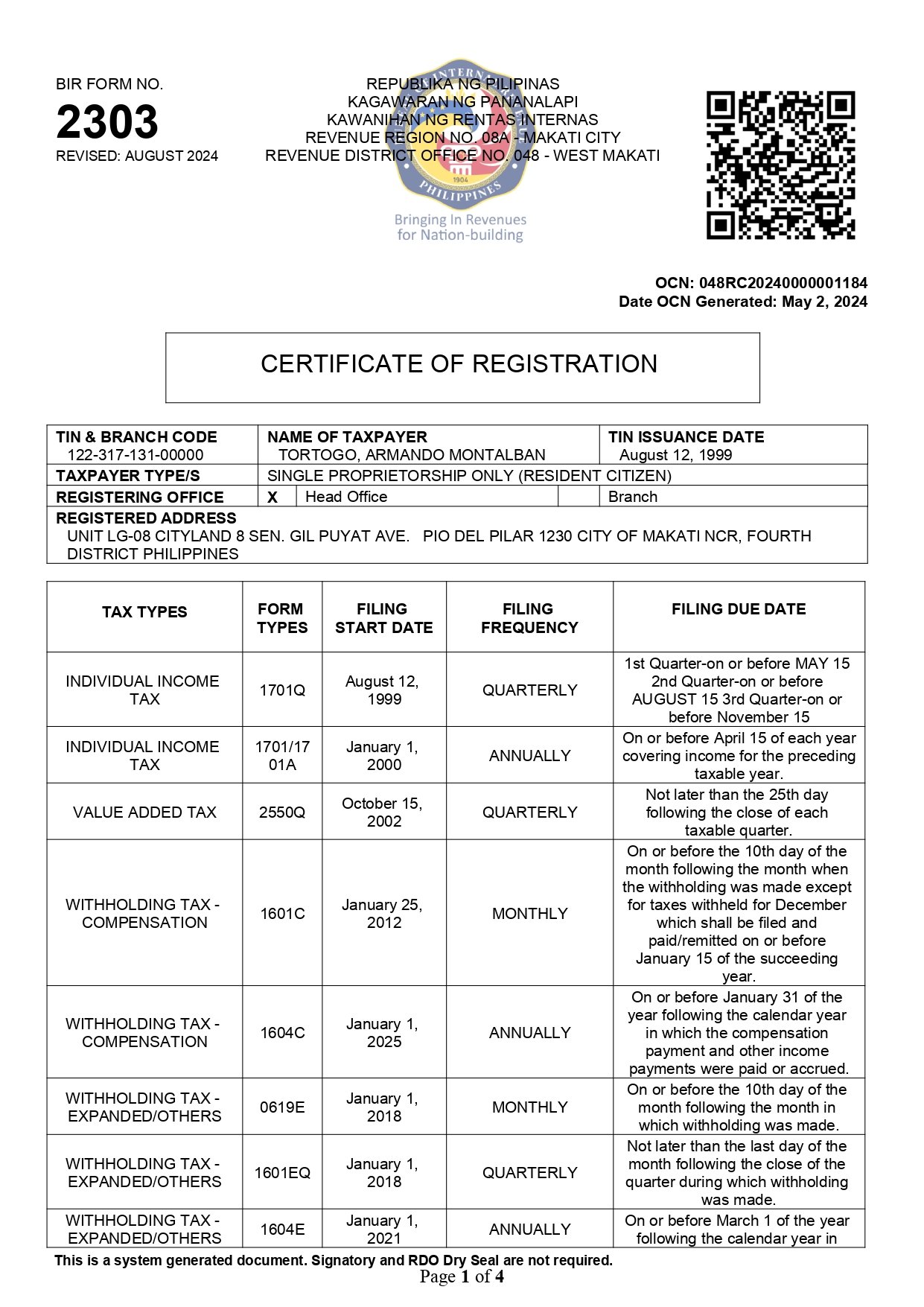 Certificate of Registration page 1