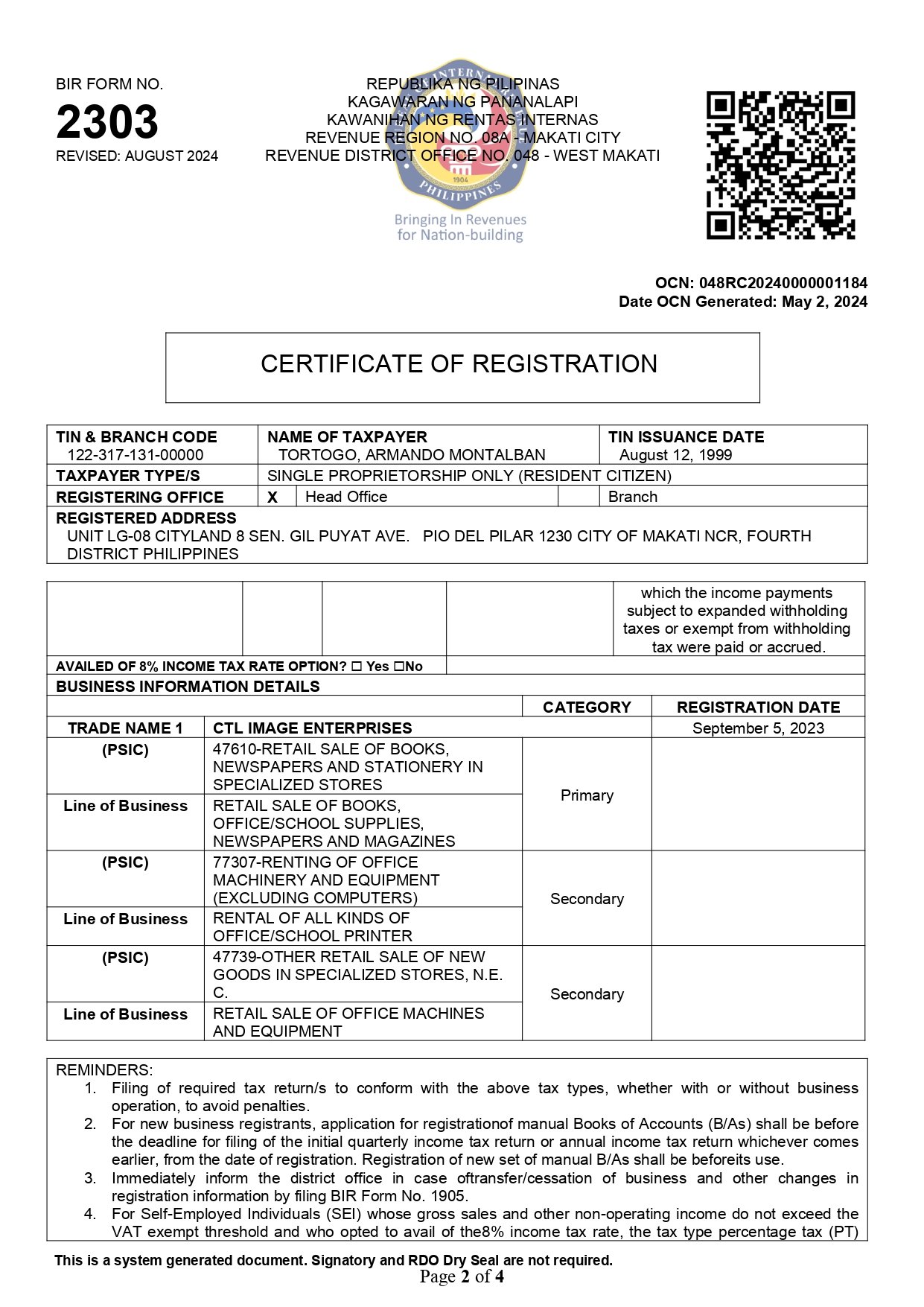 Certificate of Registration page 2